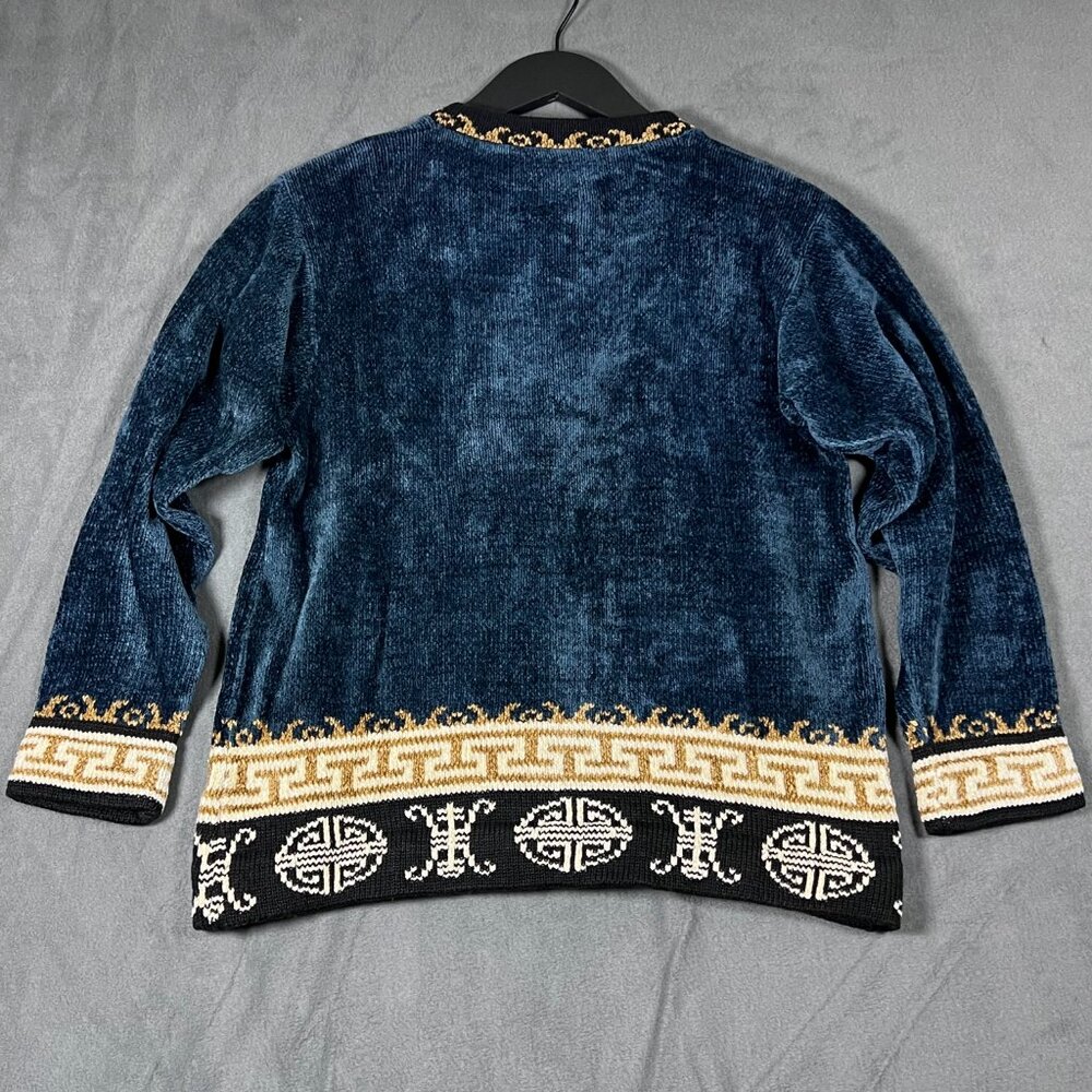 Lan Knits of Vermont Vintage Cardigan Blue Gold‎ Hand Loomed Old Money Small - Picture 2 of 8